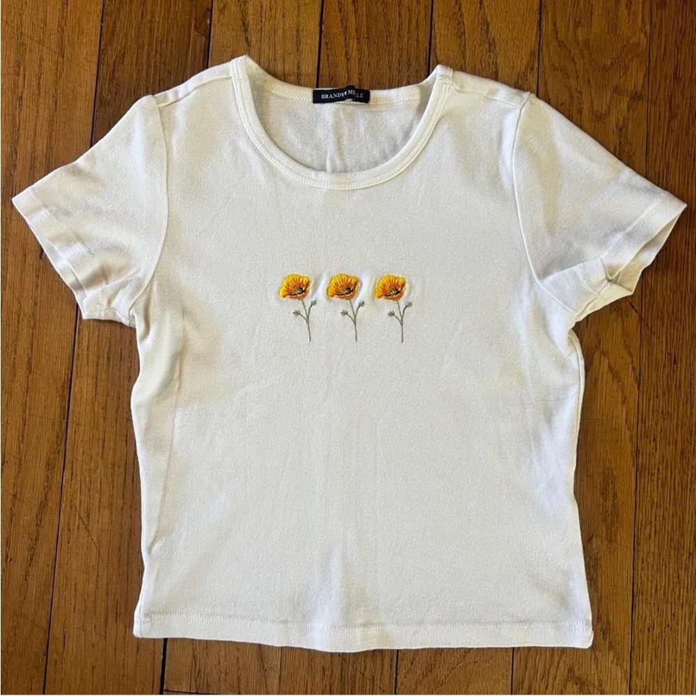 Brandy Melville Cream Tee with Yellow Floral Embroidery